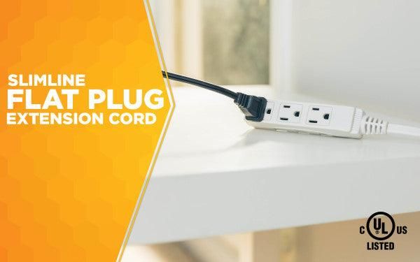 Woods SlimLine 2241 16/3 Flat Plug Indoor Extension Cord, 8-Foot, 3 Outlets, Right Angled Plug, Space Saving Design, UL Listed