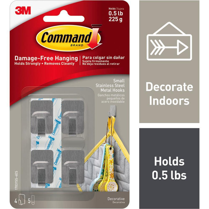 0.5 lb. Capacity Small Stainless Steel Metal Hooks (4-Hooks and 5-Adhesive Strips)