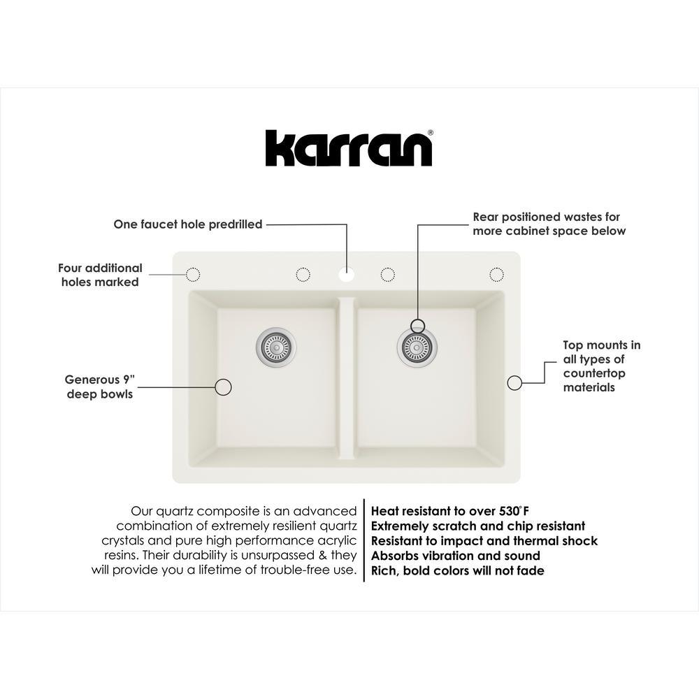 White Quartz 33 in. 50/50  Double Bowl Composite Drop-in Kitchen Sink - Super Arbor
