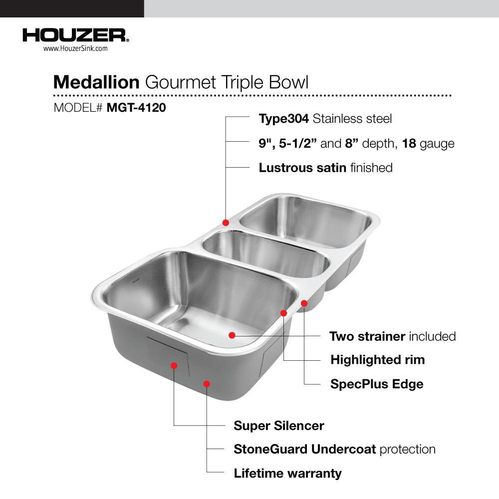 Medallion Gourmet Undermount Stainless Steel 39.8-in. 0-Hole Triple Bowl Kitchen Sink with Accessory Combo Pack - Super Arbor