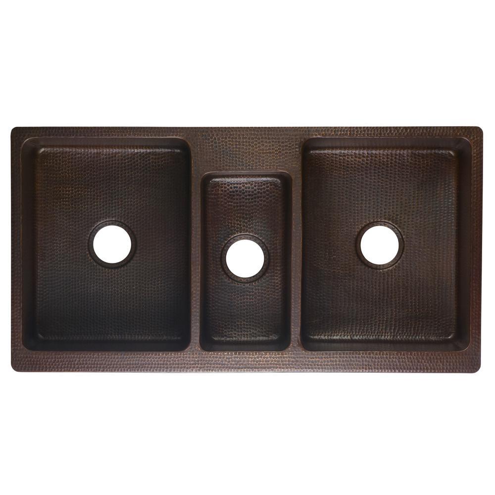 All-in-One Copper 42 in. Triple Bowl Kitchen Farmhouse Apron Front Sink with Spring Faucet in Oil Rubbed Bronze - Super Arbor