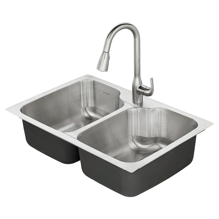 American Standard Tulsa 33-in x 22-in Stainless Steel Double Equal Bowl Drop-In or Undermount 1-Hole Residential Kitchen Sink All-in-One Kit