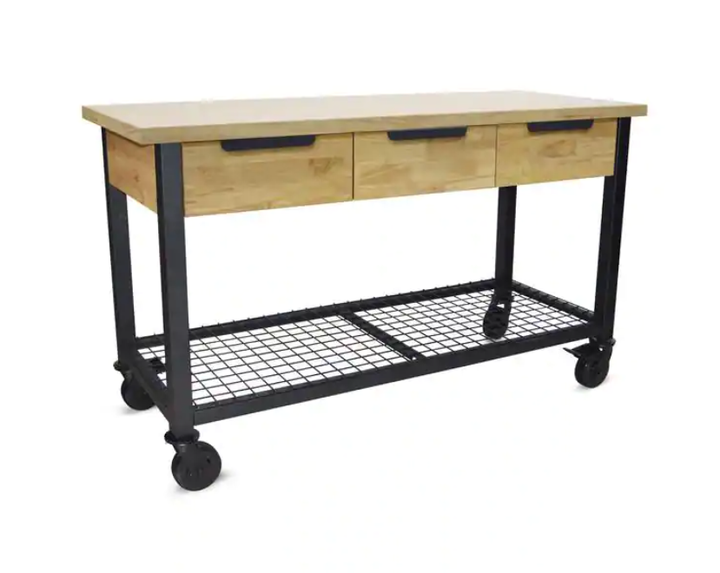 Rove 62 in. x 24 in. 3-Drawer Maple Rubberwood Mobile Workbench with Solid Wood Top