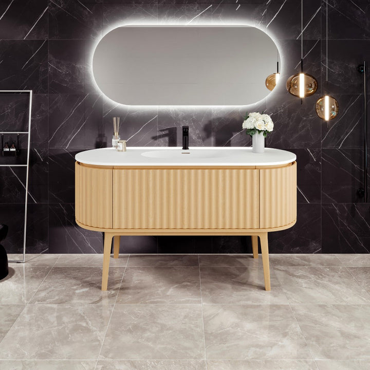 Eviva Haven 55"W x 22"D Natural Oak Bathroom Vanity with White Solid Surface Countertop and Integrated Sink