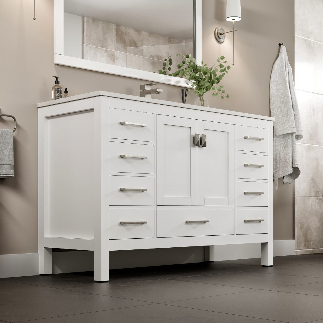 Eviva London 54 in. W x 18 in. D x 34 in. H Bathroom Vanity in White with White Carrara Marble/Quartz Top and White Sink