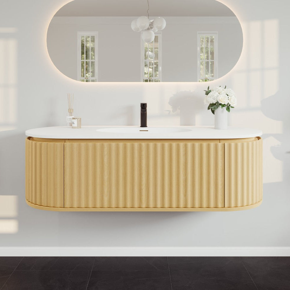 Eviva Haven 55"W x 22"D Natural Oak Wall Mount Bathroom Vanity with White Solid Surface Countertop and Integrated Sink