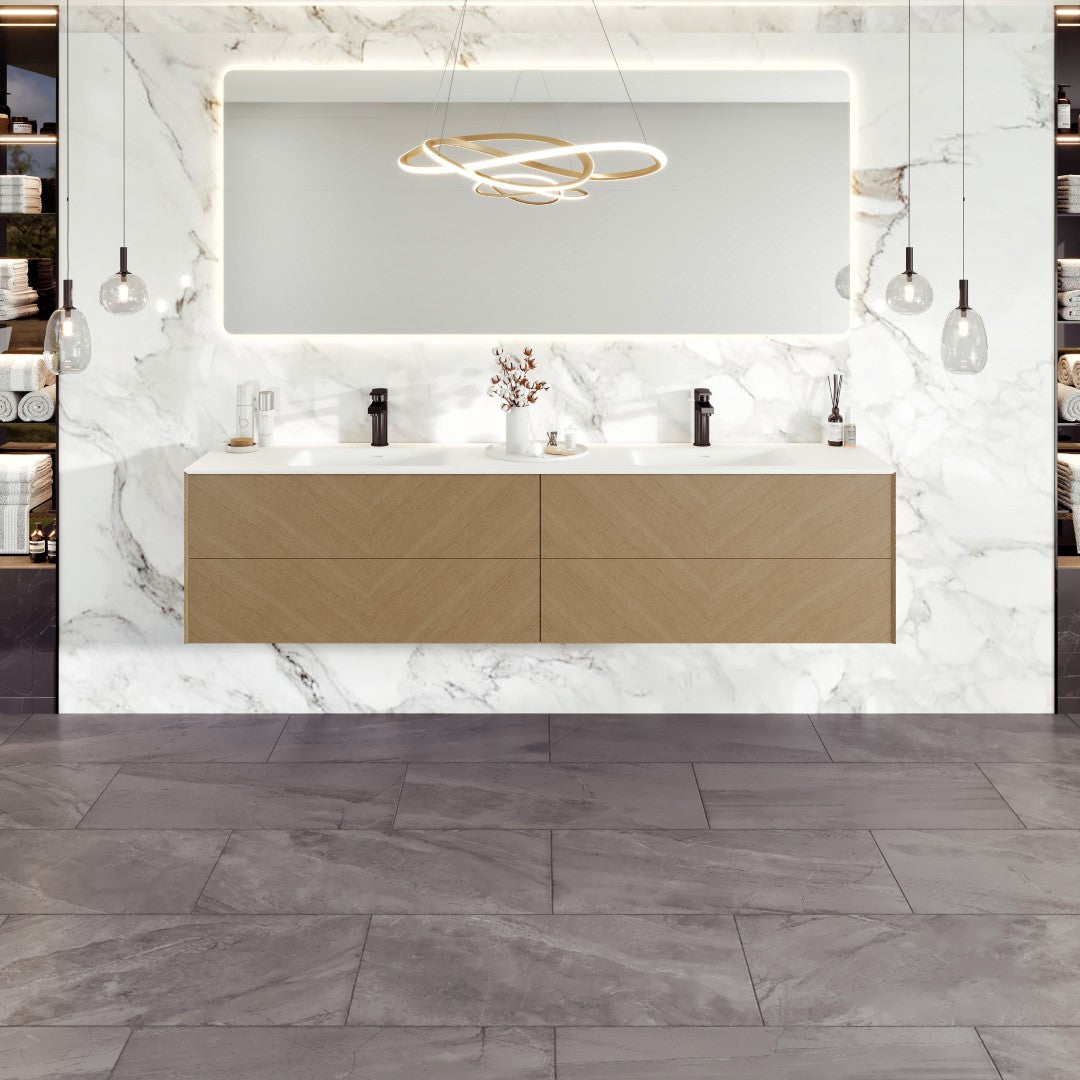 Eviva Lotus 71"W x 19"D Natural Oak Wall Mount Double Sink Bathroom Vanity with White Solid Surface Countertop and Integrated Sinks