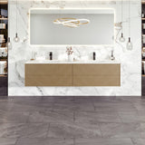 Eviva Lotus 71"W x 19"D Natural Oak Wall Mount Double Sink Bathroom Vanity with White Solid Surface Countertop and Integrated Sinks