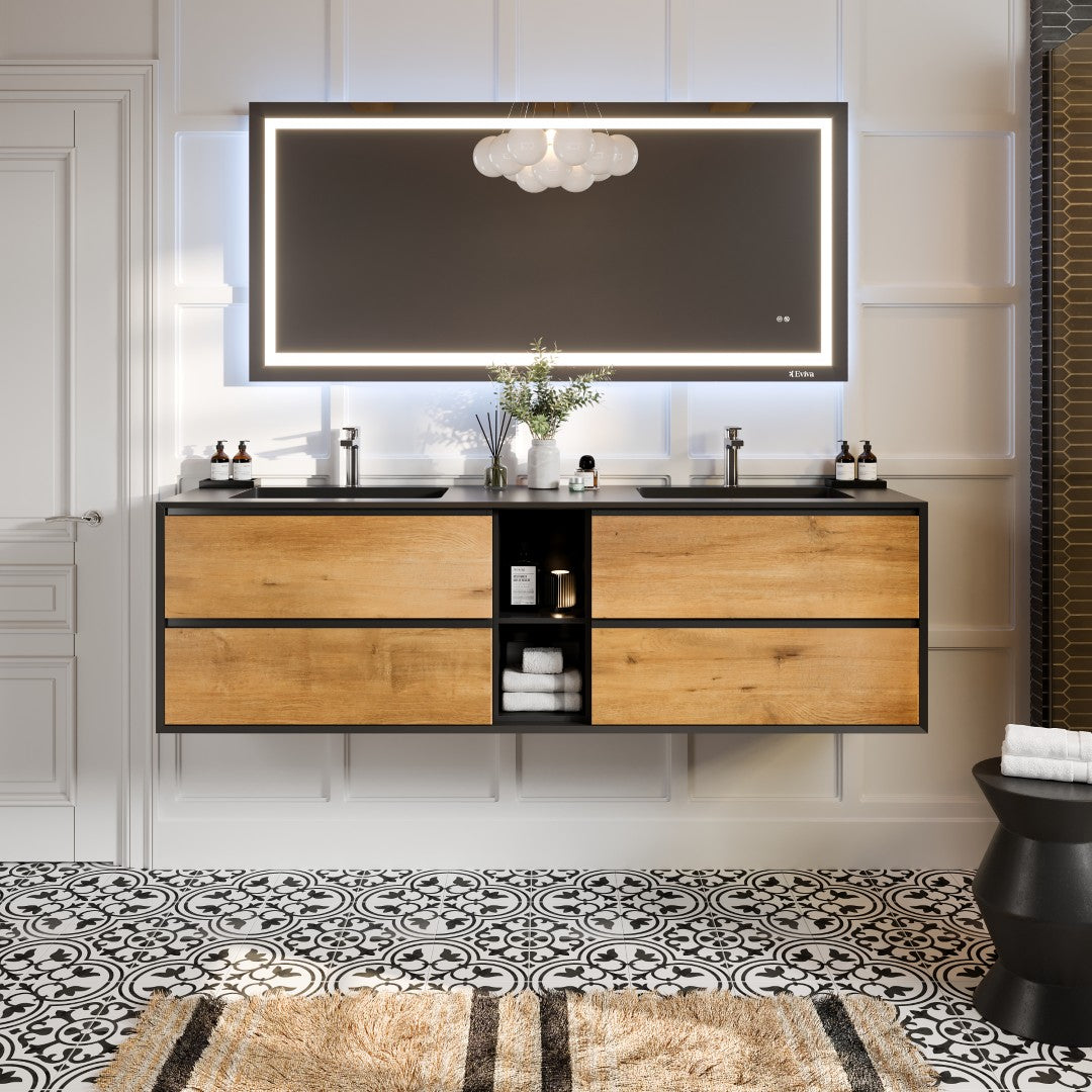Eviva Vienna 75 in. W x 20.70 in. D x 21.60 in. H Floating Double Bathroom Vanity, Black Oak, Acrylic Top in Black
