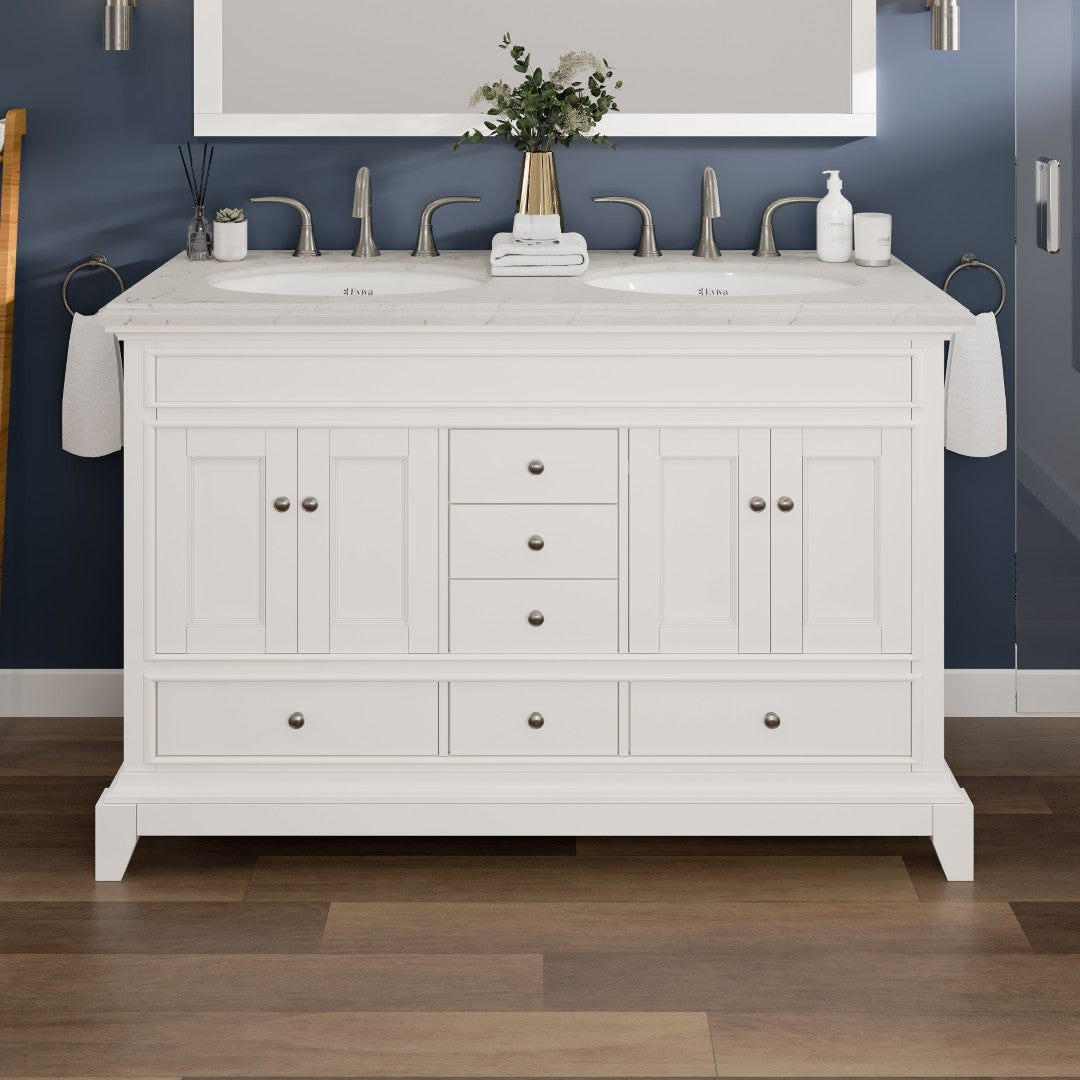 Eviva Elite Stamford 48 in. W x 24 in. D x 34 in. H Double Bath Vanity in White with White Carrara Top and Undermount White Sinks