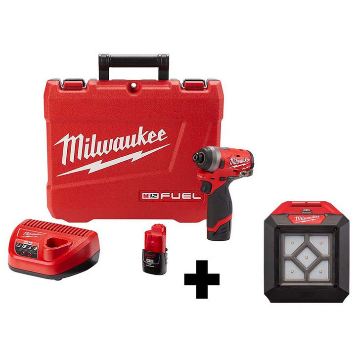 M12 FUEL 12-Volt Lithium-Ion Brushless Cordless 1/4 in. Hex Impact Driver Kit with Free M12 LED Flood Light - Super Arbor