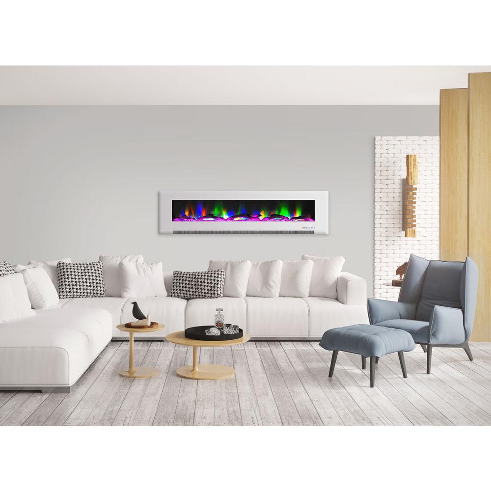 78 in. Wall-Mount Electric Fireplace in White with Multi-Color Flames and Driftwood Log Display - Super Arbor