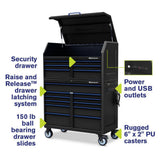 24 in. x 46 in. 17-Drawer Tool Chest and Cabinet Combo with Power and USB Outlets in Black and Blue - Super Arbor