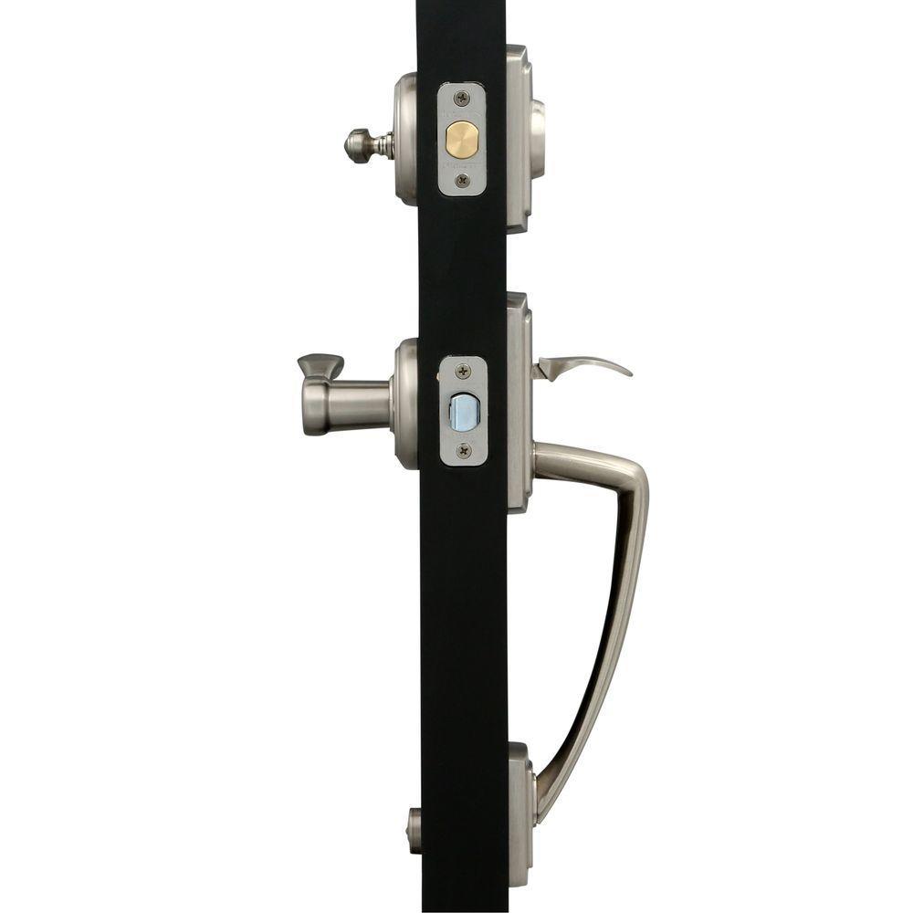 Prestige Nautica Single Cylinder Satin Nickel Exterior Door Handleset with Tobin Door Lever Featuring SmartKey Security