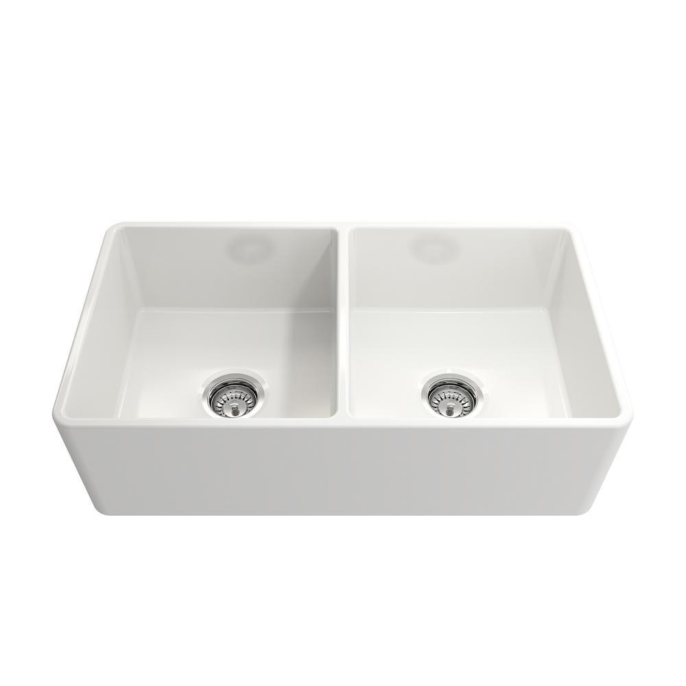 Farmhouse Apron-Front Fireclay 33 in. Double Bowl Kitchen Sink in White with Grid Set - Super Arbor