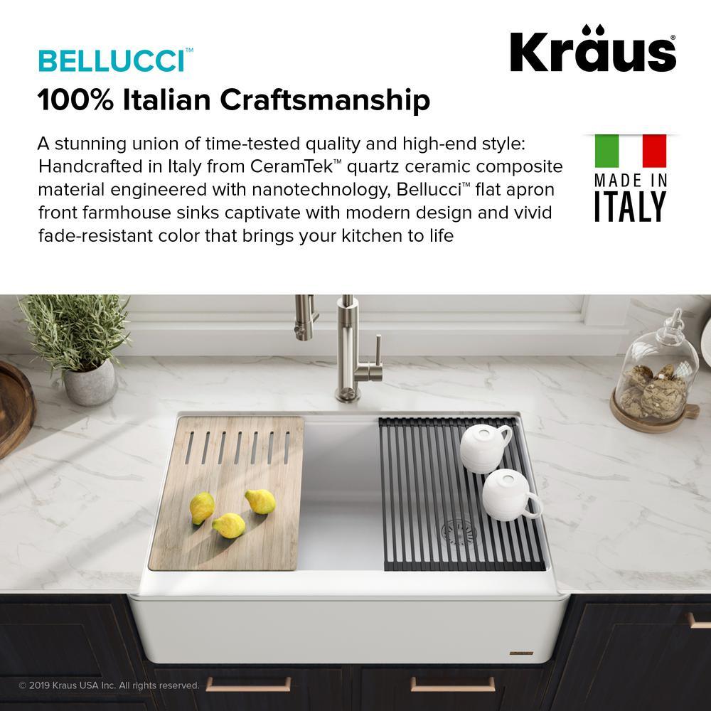 Bellucci 33in. CeramTek Granite/Quartz Composite Farmhouse ApronFront Single Bowl Kitchen Sink w/ Cutting Board in White - Super Arbor