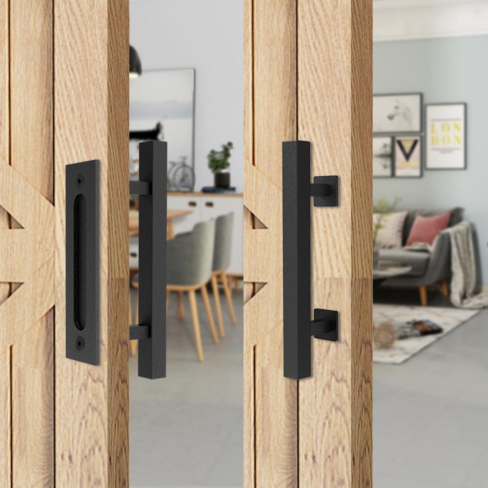 10 in. Black Square Pull and Flush Sliding Barn Door Handle Set - Super Arbor