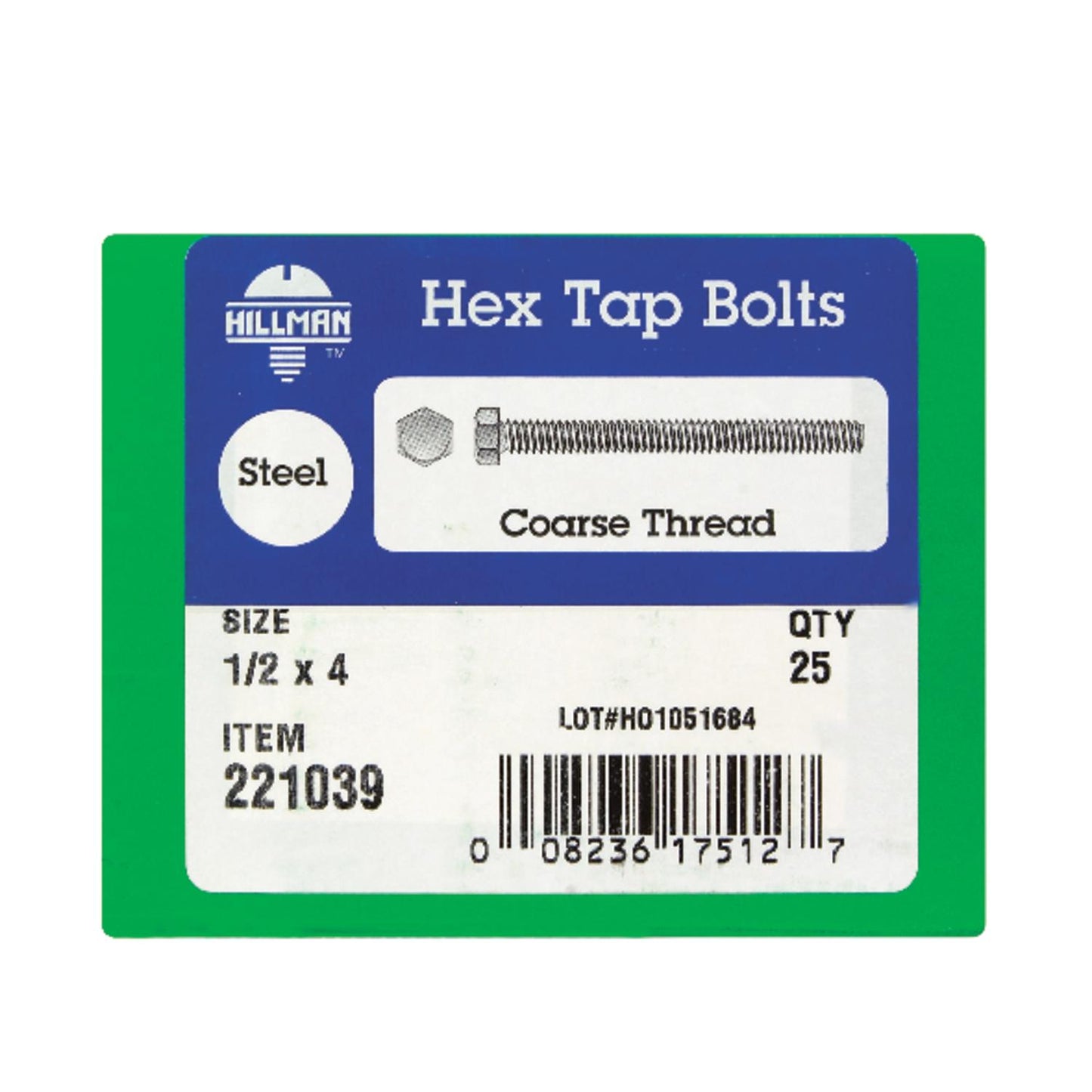 Hillman 1/2 in. Diameter x 4 in. Length Zinc-Plated Steel Hex Tap Bolts, Coarse Thread, 25-Pack