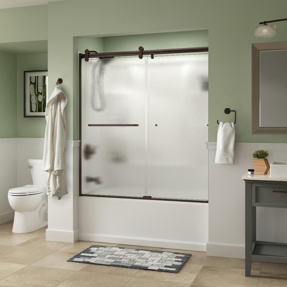 Simplicity 60 x 58-3/4 in. Frameless Contemporary Sliding Bathtub Door in Nickel with Transition Glass - Super Arbor