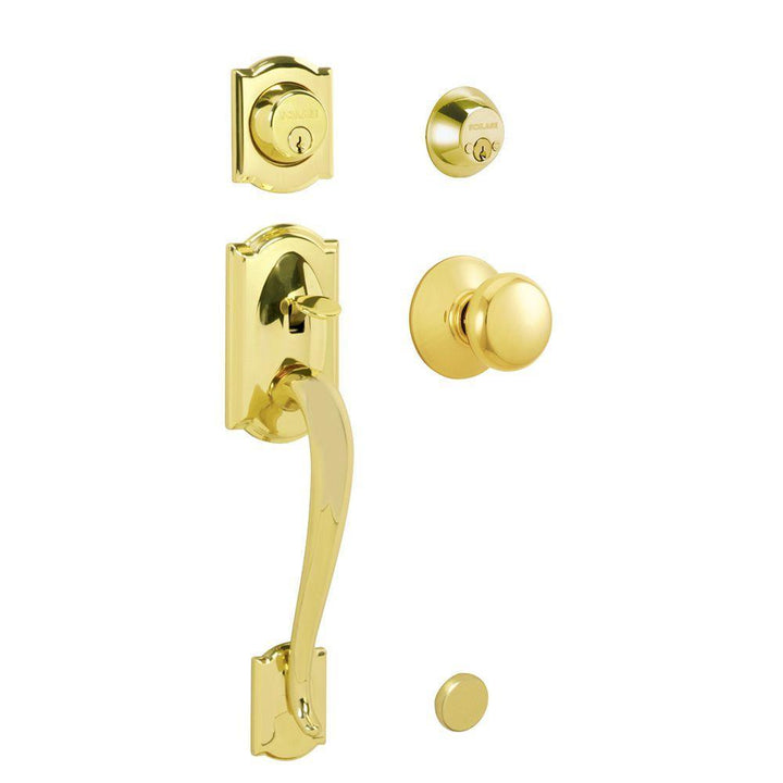 Camelot Bright Brass Double Cylinder Deadbolt with Plymouth Knob Door Handleset - Super Arbor