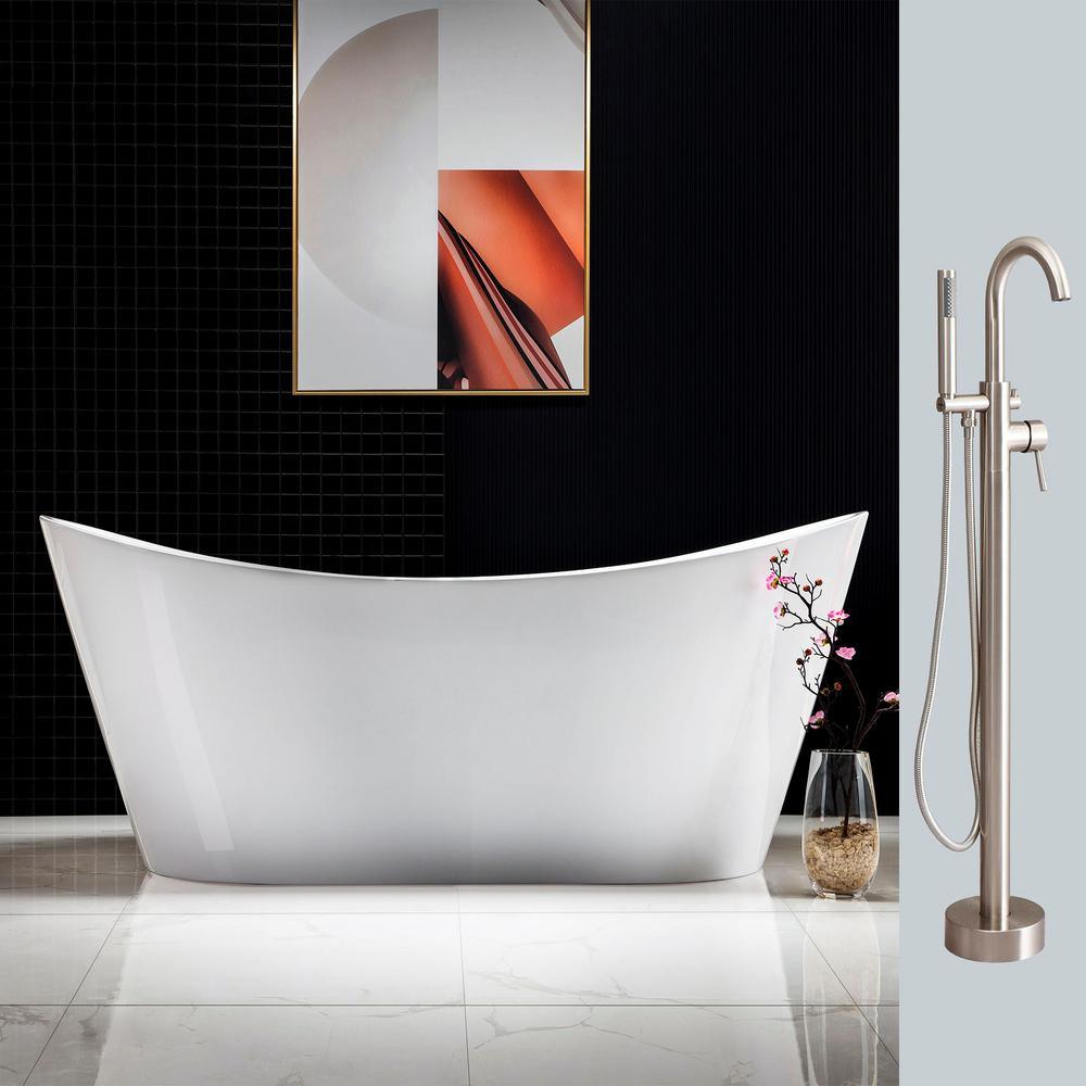 Alacant 67 in.¬†Acrylic Flatbottom Double Slipper White Bathtub with Brushed Nickel Faucet & Overflow and Drain - Super Arbor