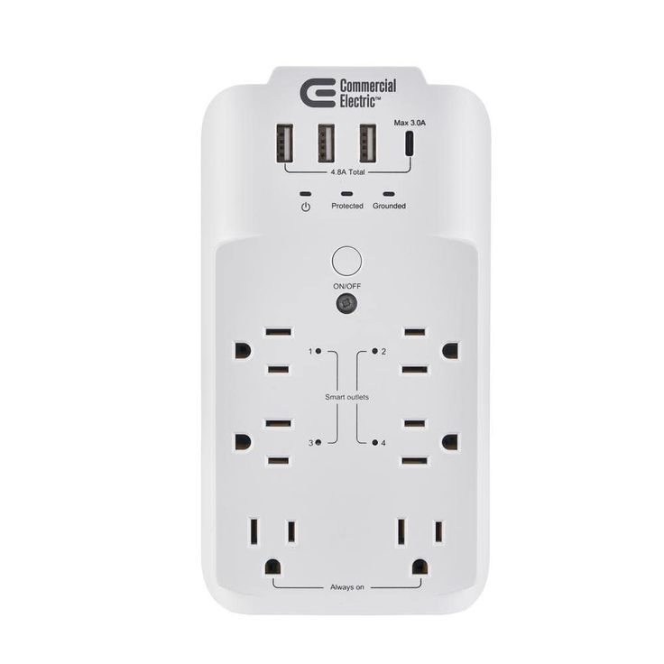 Commercial Electric 6-Outlet Smart Surge Protector with 4 USB Ports, White, Powered by Hubspace