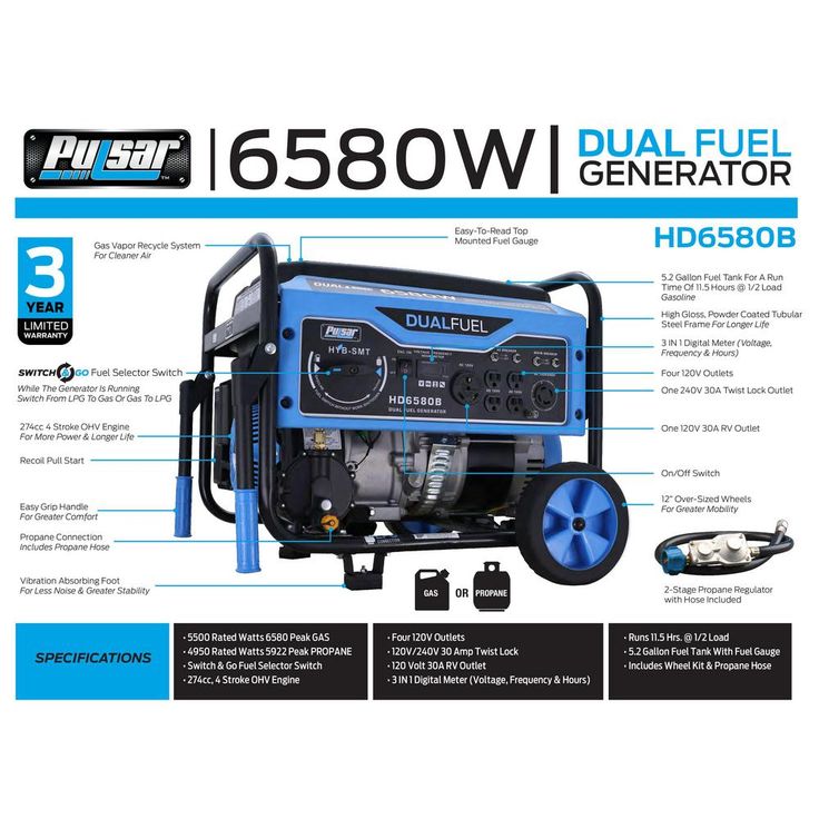 Pulsar 6,580/5,500-Watt Dual Fuel Gasoline/Propane Powered Recoil Start Portable Generator with CARB Compliant 274 cc Engine