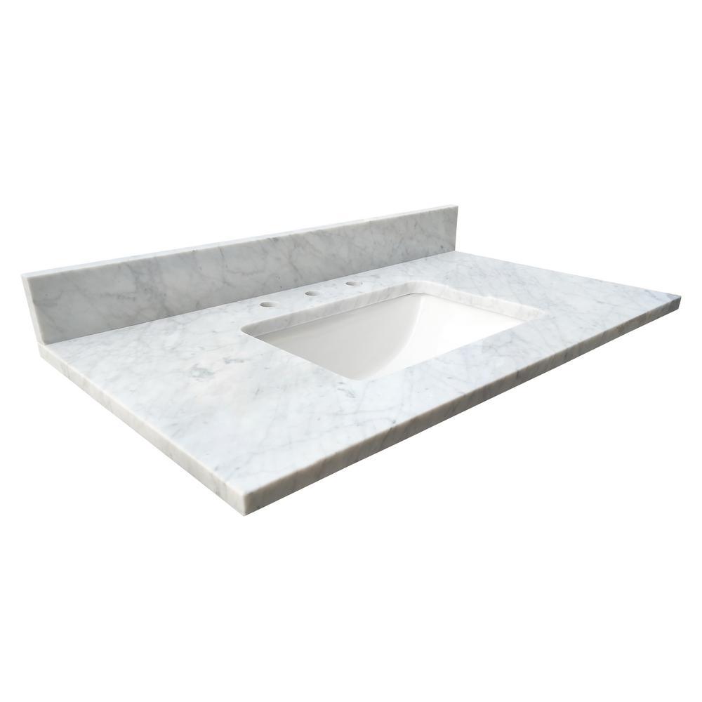 31 in. W x 22 in. D x 1 in. H Bianco Carrara White Marble Vanity Top with White Basin - Super Arbor