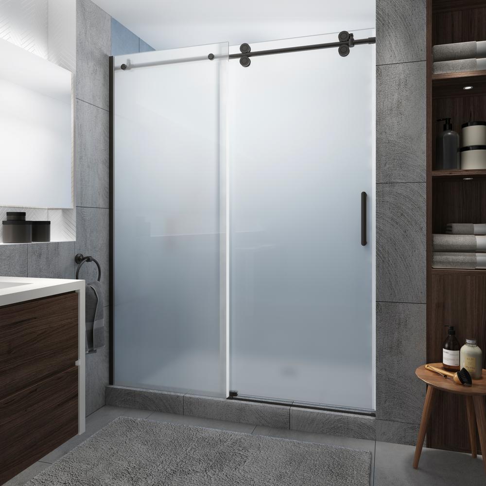 Langham XL 56 - 60 in. x 80 in. Frameless Sliding Shower Door with StarCast Clear Glass in Stainless Steel, Right Hand - Super Arbor