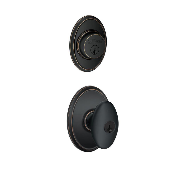 Schlage Wakefield Aged Bronze Single Cylinder Deadbolt with Siena Entry Door Knob Combo Pack