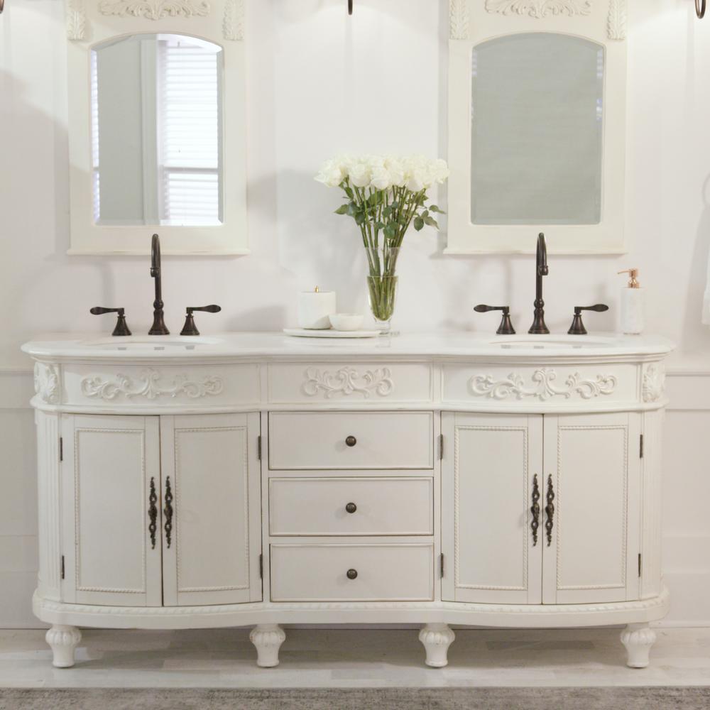 Chelsea 72 in. W Double Bath Vanity in Antique White with Marble Vanity Top in White - Super Arbor