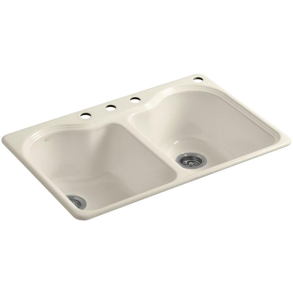 Hartland Drop-In Cast Iron 33 in. 4-Hole Double Bowl Kitchen Sink in Biscuit - Super Arbor