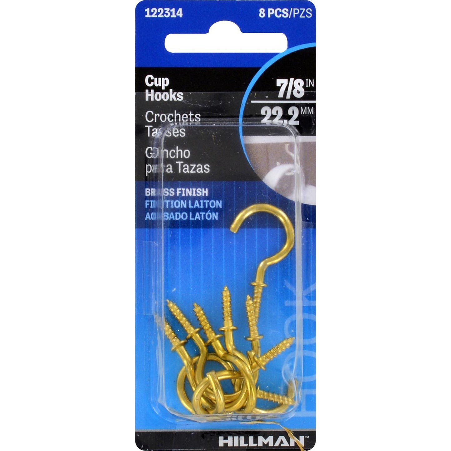 Hillman Brass-Plated Gold Cup Hooks, 7/8 in, 1 lb Capacity, 8-Pack
