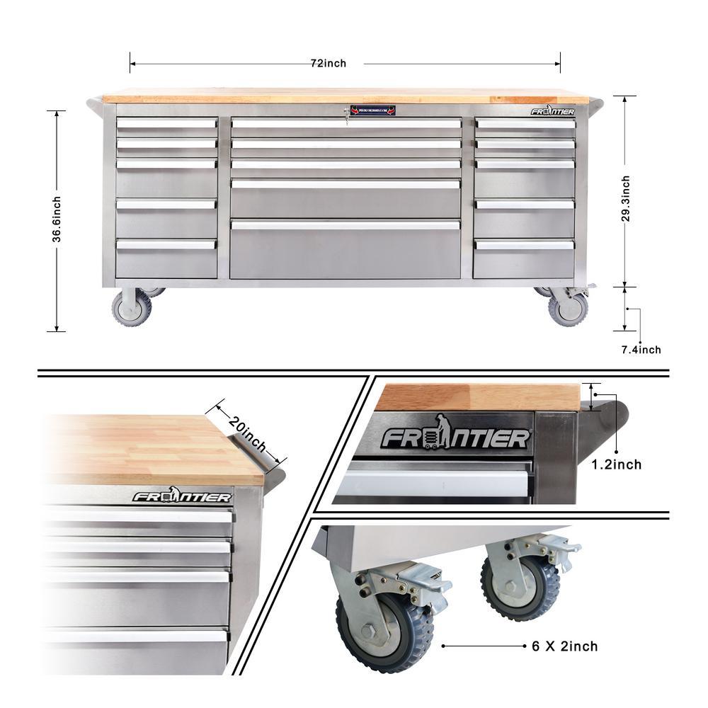 72 in. 15-Drawer Mobile Workbench Tool Chest Cabinet with Wooden Top in Stainless Steel - Super Arbor
