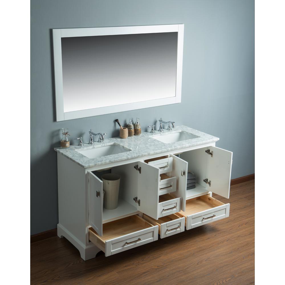 Newport 60 in. W x 22 in. D Vanity in White with Marble Vanity Top in Carrara White and Mirror - Super Arbor