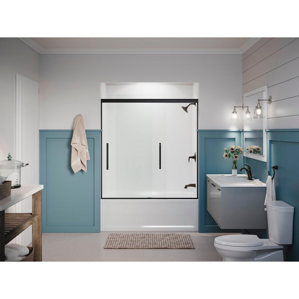 Pleat 59.625 in. x 63.5625 in. Frameless Sliding Bathtub Door in Matte Black with Frosted Glass - Super Arbor