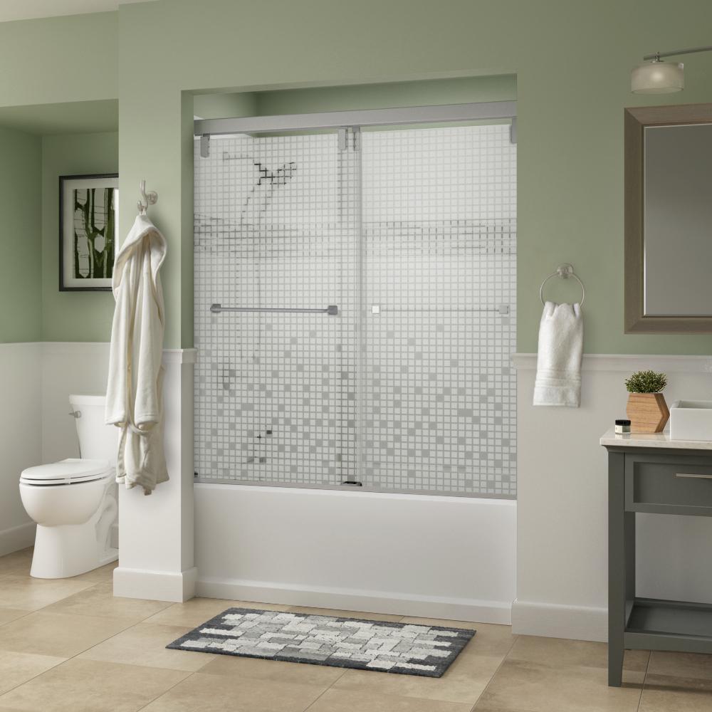 Everly 60 in. x 59-1/4 in. Mod Semi-Frameless Sliding Bathtub Door in Nickel and 1/4 in. (6mm) Mozaic Glass - Super Arbor