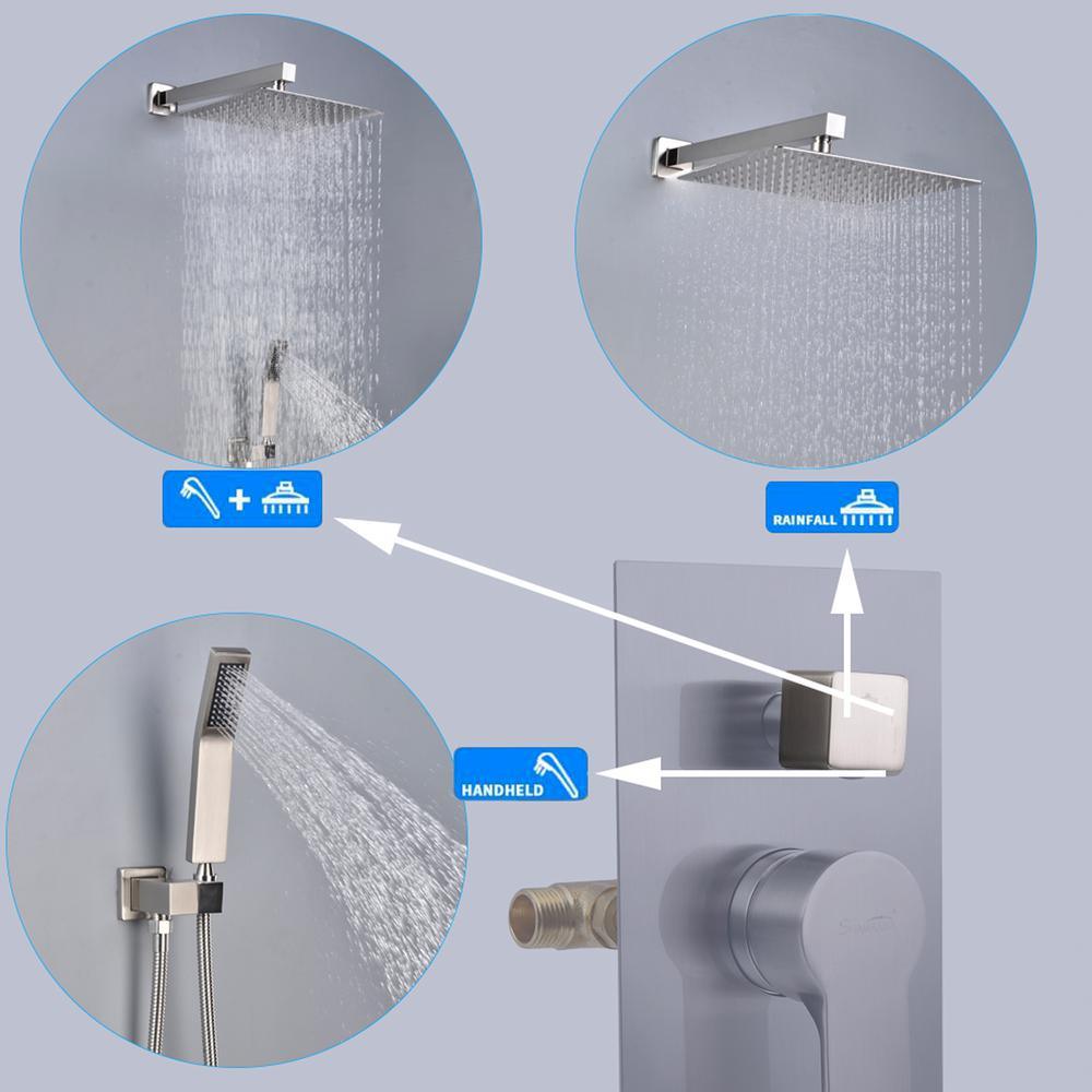 1-Spray Patterns with 2.66 GPM 10 in. Wall Mount Dual Shower Heads with Rough-In Valve Body and Trim in Brushed Nickel - Super Arbor