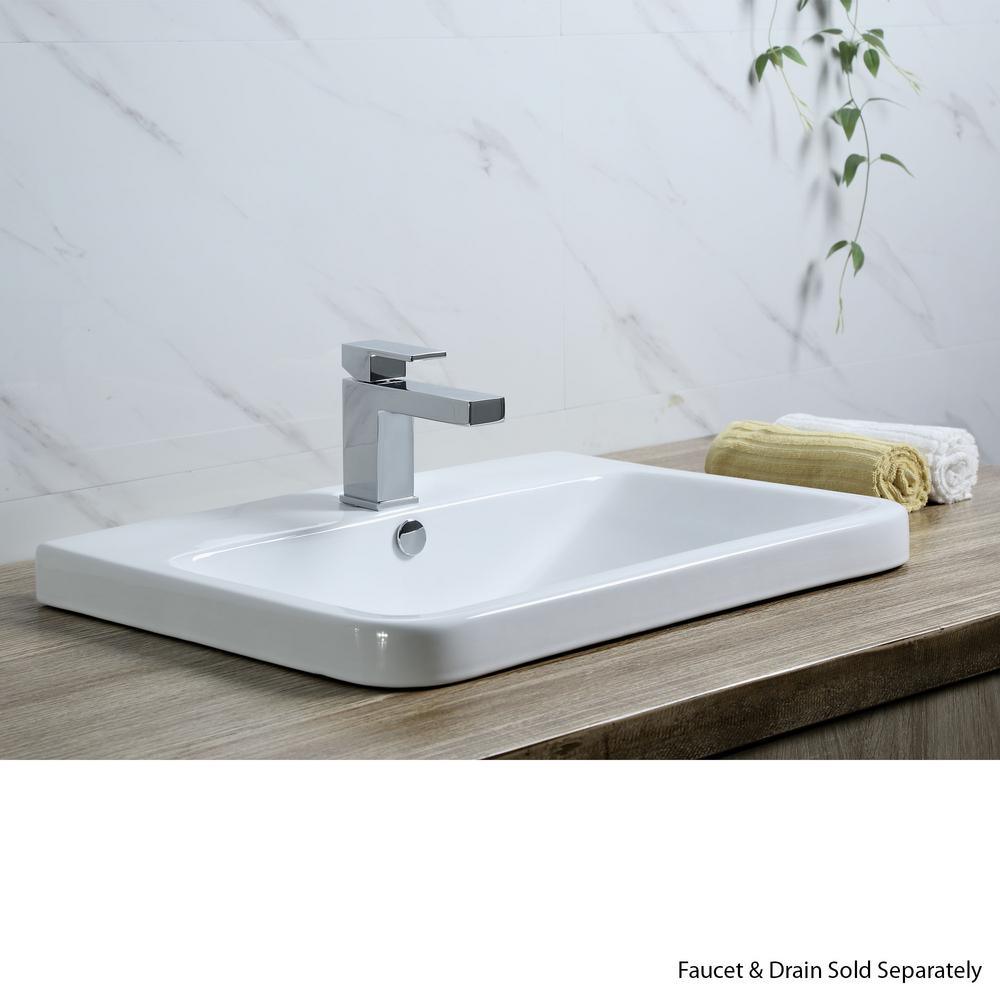 Rectangular 24 in. Drop-In Ceramic Bathroom Sink in White - Super Arbor