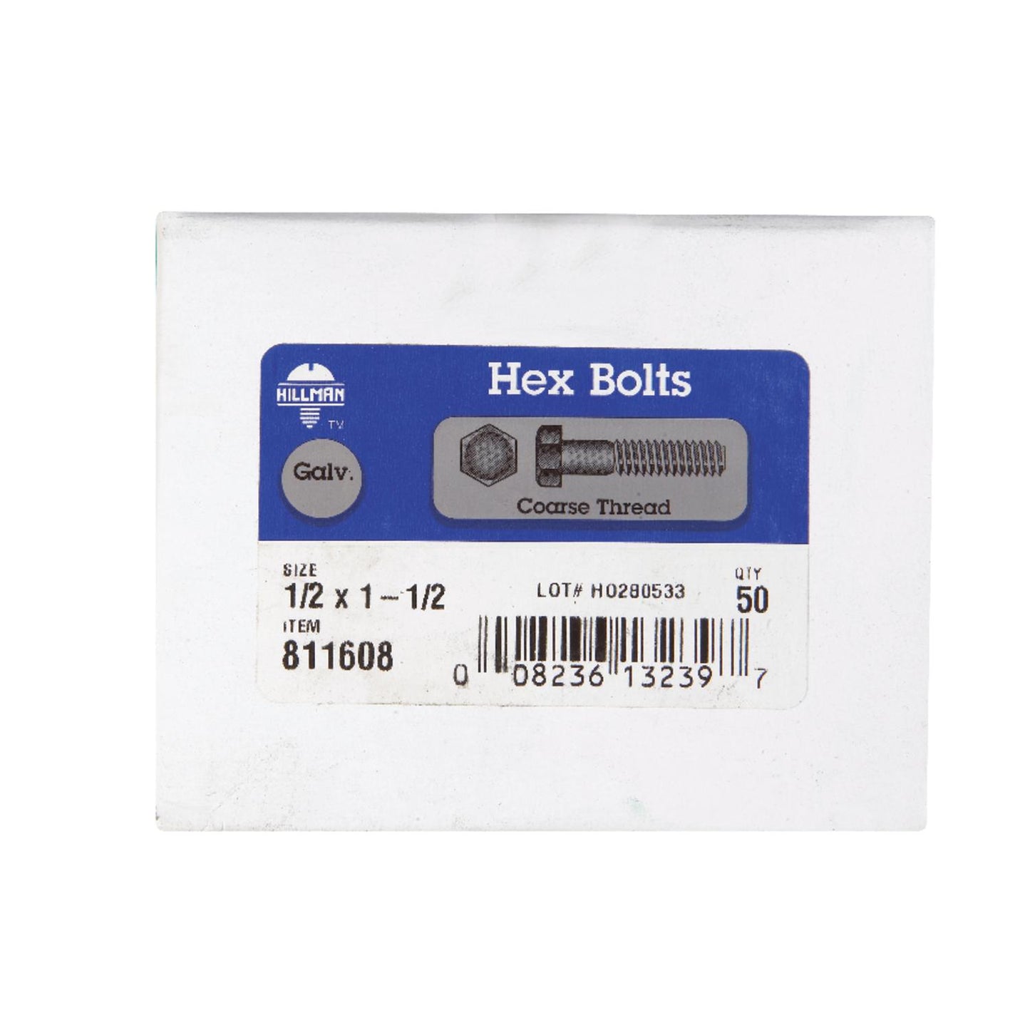 Hillman 1/2 in. Diameter x 1-1/2 in. Length Hot-Dipped Galvanized Steel Hex Bolt, Coarse Thread (50-Pack)