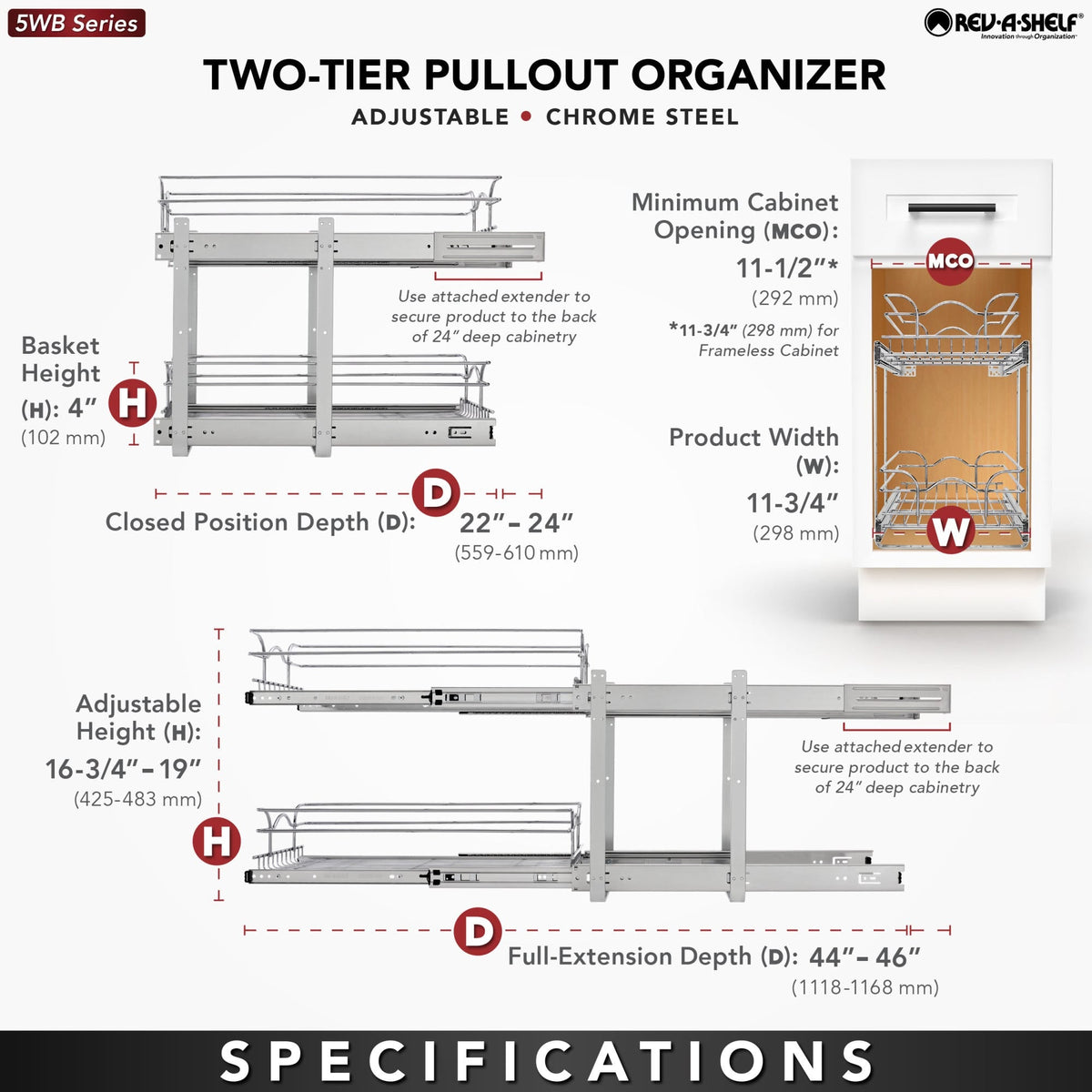 Rev-A-Shelf 5WB2 Series 17.75-in W x 19-in H 2-Tier Pull-Out Chrome Wire Basket Organizer, Soft-Close