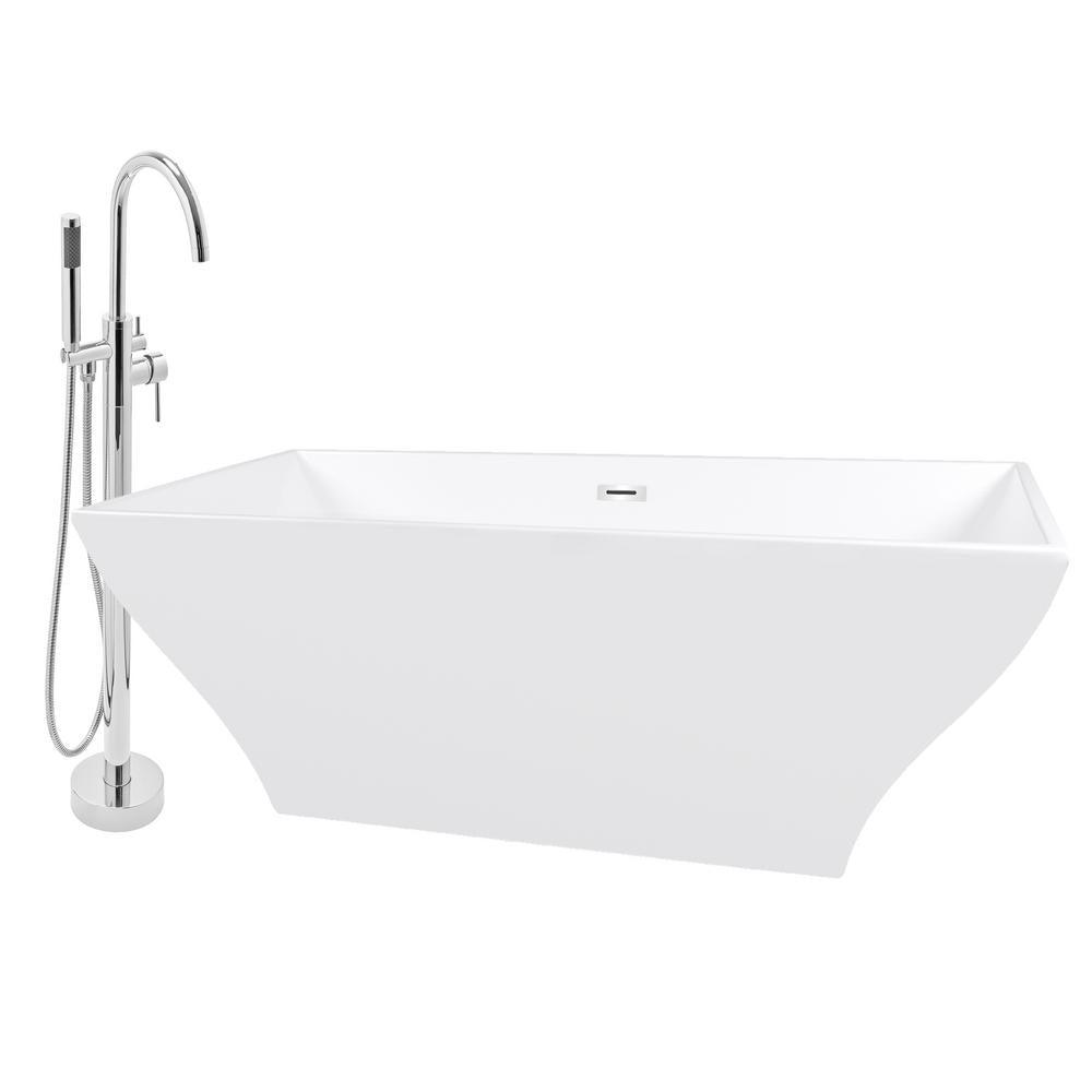 67 in. Fiberglass White Acrylic Tub for Bathtub with Tub Filler Combo - Modern Flat Bottom Stand Alone Tub - Super Arbor