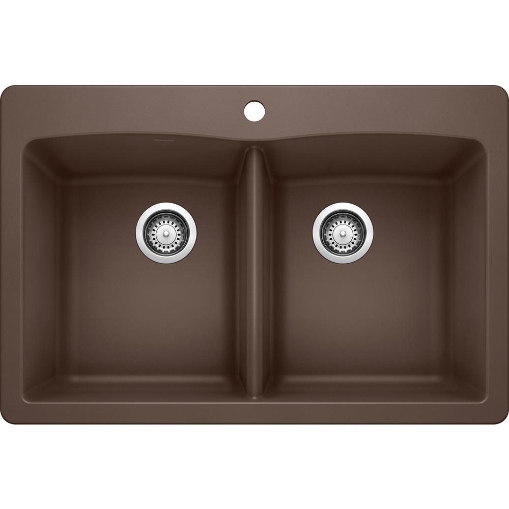 DIAMOND Dual Mount Granite Composite 33 in. 1-Hole 50/50 Double Bowl Kitchen Sink in White - Super Arbor
