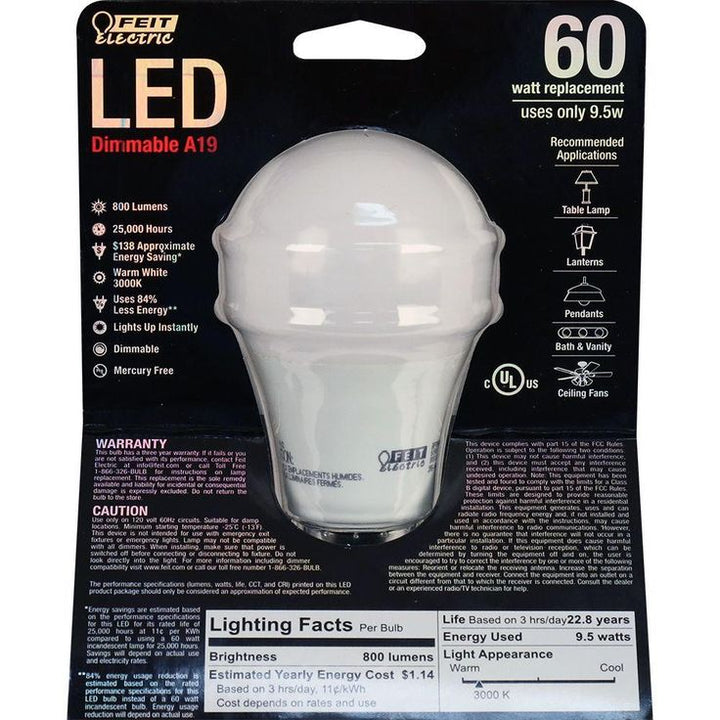 Feit Electric 60W Equivalent Warm White (3000K) A19 Dimmable LED Energy Star Light Bulb (1-Bulb)