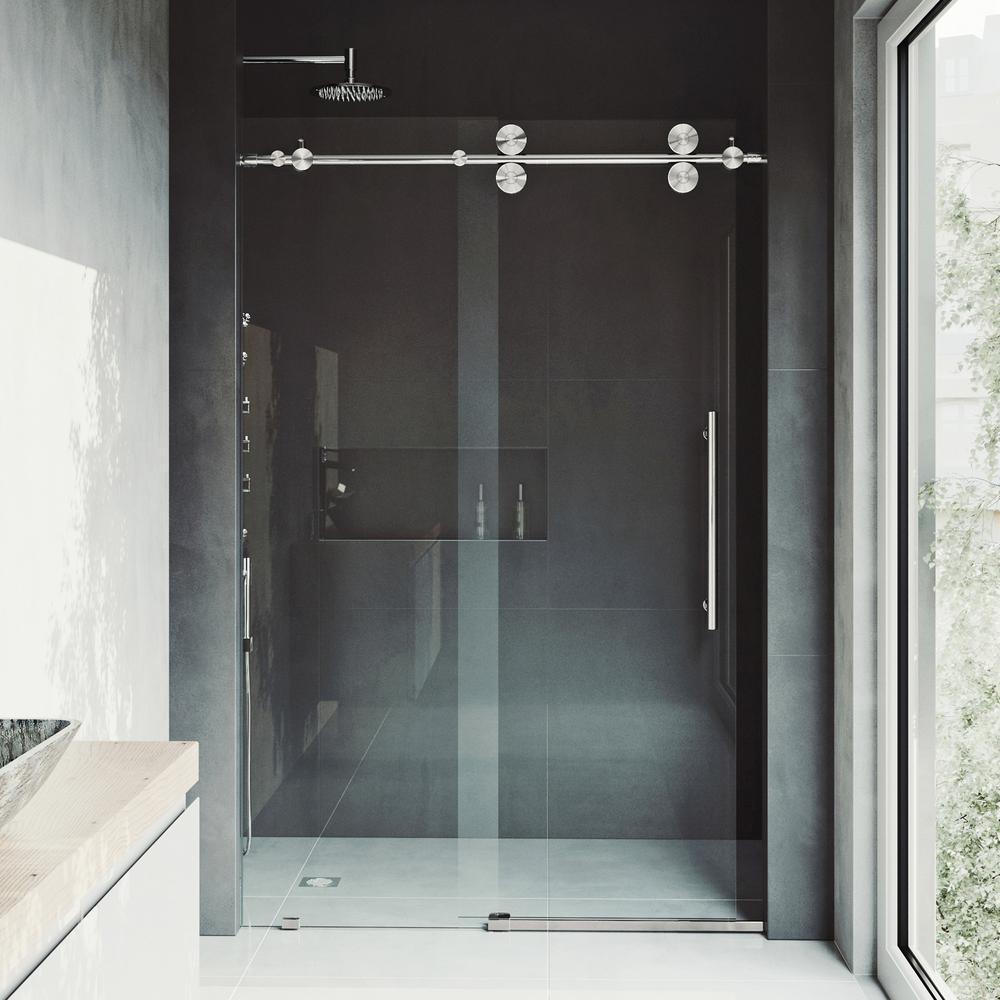 Elan 48 to 52 in. x 74 in. Frameless Sliding Shower Door in Stainless Steel with Clear Glass and Handle - Super Arbor