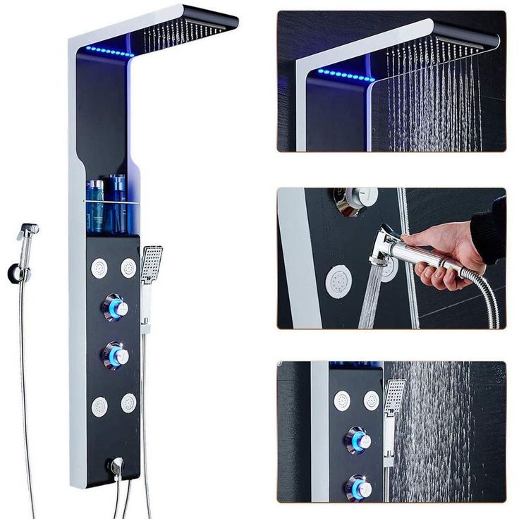 53 in. 4-Jet Shower Panel System with Shelf LED Rainfall Waterfall Head Handshower and Bidet Sprayer in Silver Black
