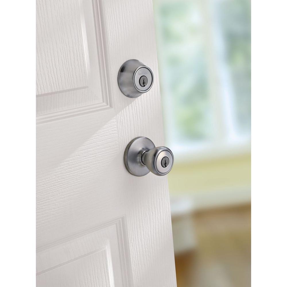 Tylo Satin Chrome Entry Door Knob and Single Cylinder Deadbolt Combo Pack - Super Arbor