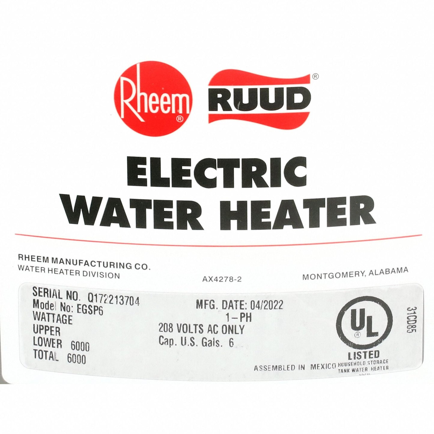 RHEEM 6-Gallon Electric Water Heater, Compact 120V, 1,500W
