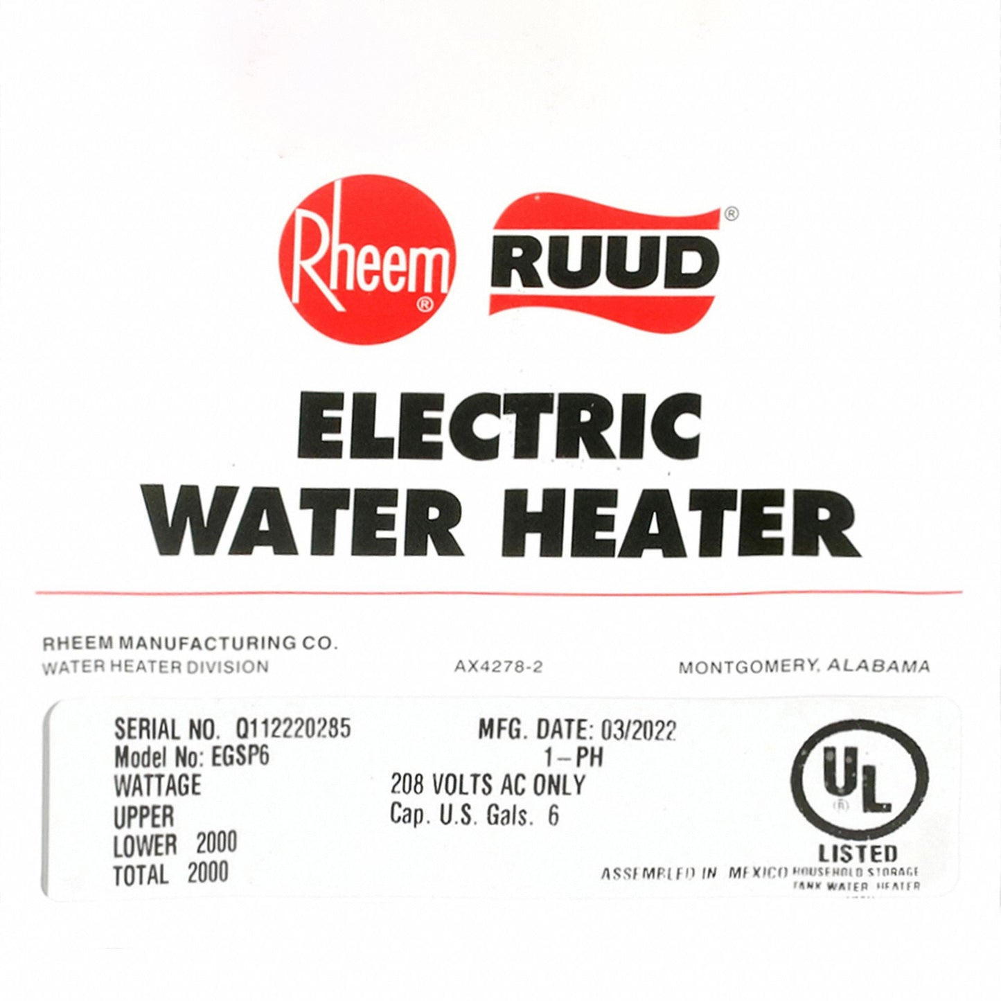 RHEEM 6 Gallon Electric Water Heater, 208V, Point of Use
