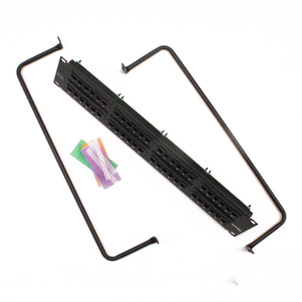 GigaMax 48-Port Cat 5e Universal 2RU Patch Panel with Cable Management Bar, Black - Super Arbor